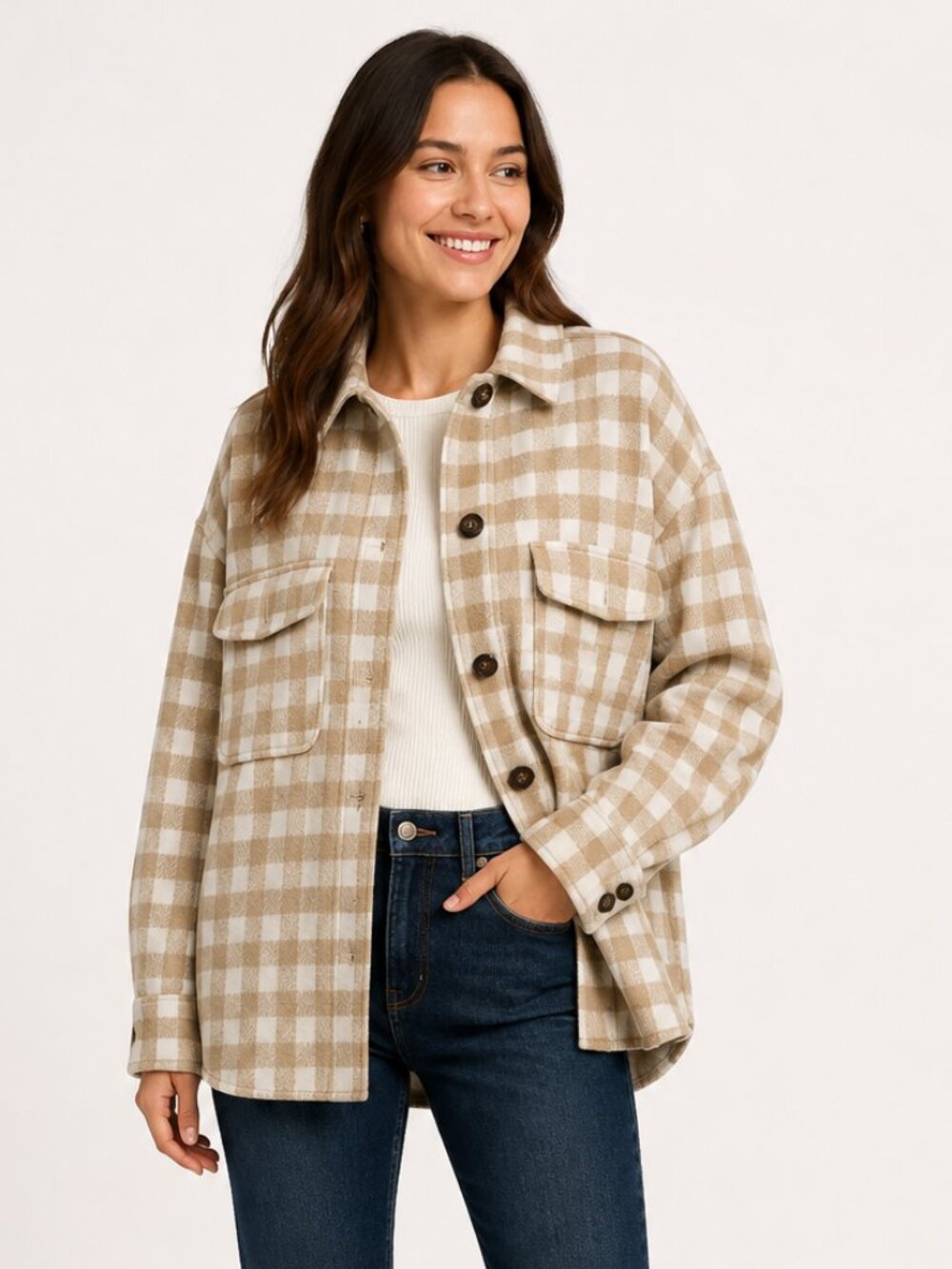 She + Sky Tan Cream Plaid Wool-Blend Shacket Size M